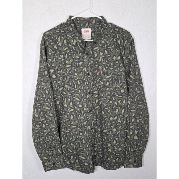 Levi's Men's GREEN KAHKI CAMO Print SZ Large Button Down Cotton Blend Shirt - Picture 2 of 6